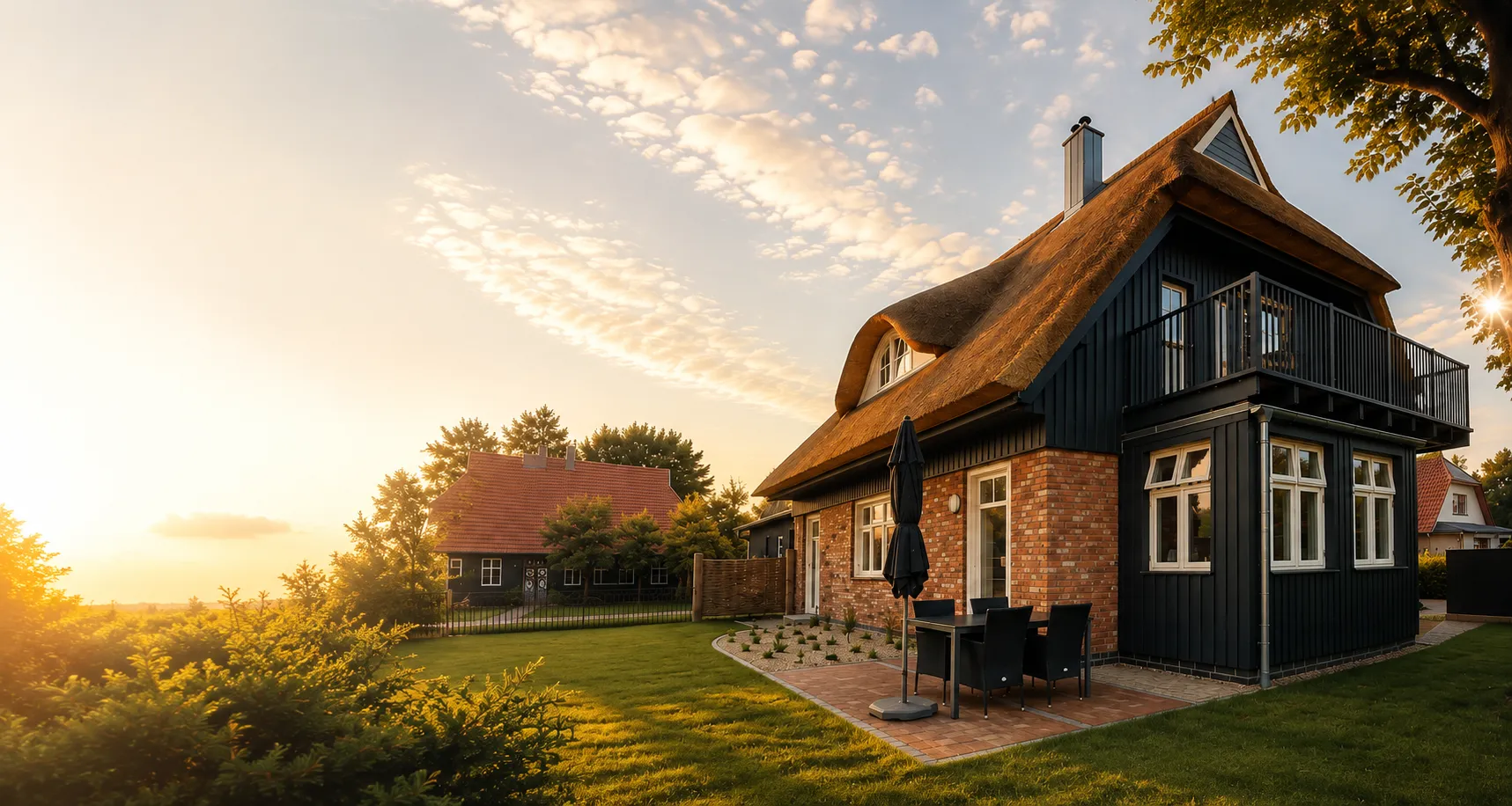 Reetdachhaus im Abendlicht